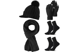 Sinmoe Set di 5 Guanti Sciarpa Cappello e Calze Invernali per Donna Berretto con Visiera in Maglia Guanti Touch Screen Sciarpa Lunga per Scaldacollo Calzini Termici Caldi Morbidi per Sci Trekking