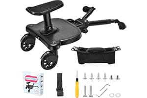 Ongerce Universal Buggy Board with Seat, Kiddy Board with Pram Organiser Bag, Stroller Board, Compatible with Over 99% of Pushchairs, Pram Accessory for Children from 2-6 Years (25 kg)