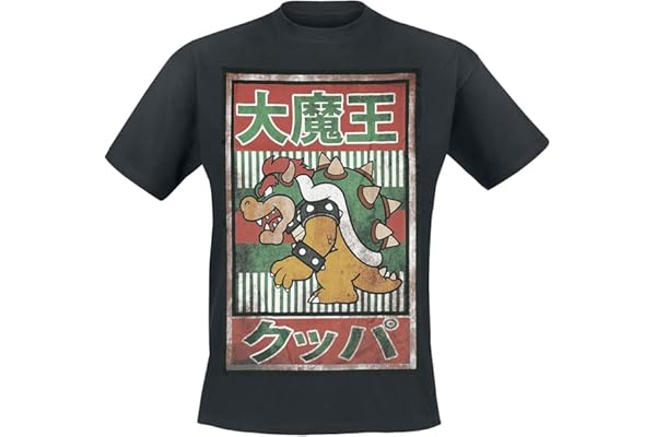 Super Mario Bowser - Vintage Homme T-Shirt Manches Courtes Noir Regular/Coupe Standard