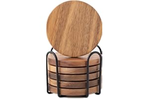 WLWNWFT Acacia Wood Coasters Set of 6 with Holder, Wooden Coasters for Glasses Drinkings Coffee Table Desk Round with Non-Slip Pad Cup Coasters for Home Office Christmas Decor 4 Inch, Black