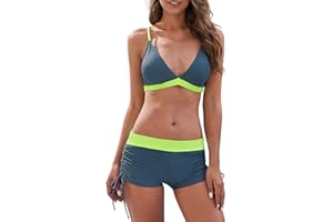 Durio Bikini Damen Set - Push up Bikini-Set Sport für Damen Sexy Oberteil Sportlich Boxer Shorts Farbblock Zweiteiliger mit Träger Verstellbar Hohe Taille Badeanzug Bademode
