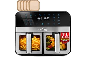 ‎LEHMANN LEHMANN Heißluftfritteuse 2 Kammern XXL mit Sichtfenster, 9L Airfryer Doppelkammer, 2x 4,5L Schublade, WLAN-Steuerung und Touchscreen, 80-200°C, 12 Programmen - Dehydriere, Grillen, Backen ohne Öl