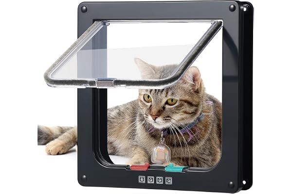 Roxanex Porte coulissante de sécurité pour Chat avec Serrure à 4 Voies, chatière résistante aux intempéries pour Porte intérieure et extérieure, fenêtre, Mur (Noir, L)