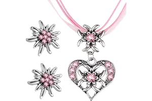 Yamobi 3 Stück Trachtenschmuck Set Dirndlschmuck Dirndl Für Damen Trachtenkette mit Strass Edelweiß Herz Anhänger und Edelweiß Ohrstecker Für Dirndl-sets Für Mädchen