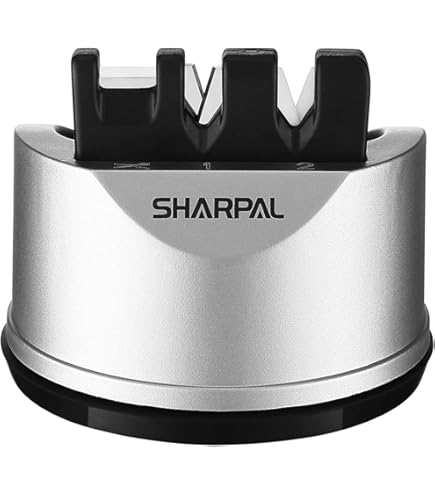 AnySharp Pro Metal Messenslijper, Handsfree Veiligheid, PowerGrip Zuigkracht, Slijpt Alle Keukenmessen, Ideaal voor Gehard Staal & Kartel, Werelds Beste, Compact, Geborsteld Metaal