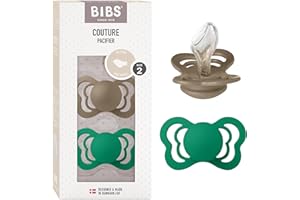 BIBS Couture Soother 2-Pack, BPA Free Dummy Pacifier, Orthodontic Nipple. Silicone, Made in Denmark. 6-18 Months (Pack of 2), Dark Oak/Evergreen