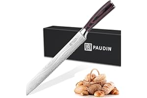 PAUDIN Bread Knife, 10 inch Serrated German Stainless Steel Knife for Efficient Slicing Sourdough, Bagels, Cake