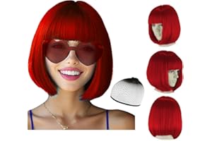 DAJOOEE Party Wigs Wig Cap and Sunglass Set,Short Bob Hair Wigs Straight with Flat Bangs Synthetic Colorful Cosplay Daily Party Neon Wig for Women (Red)