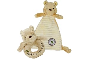 Coffret cadeau peluche Winnie l'Ourson de Rainbow Designs - Couverture douce réconfortante, hochet à anneaux, Cadeau pour bébé, Winnie l'Ourson de la forêt des Rêves Bleus, Cadeau doux pour nouveau-né