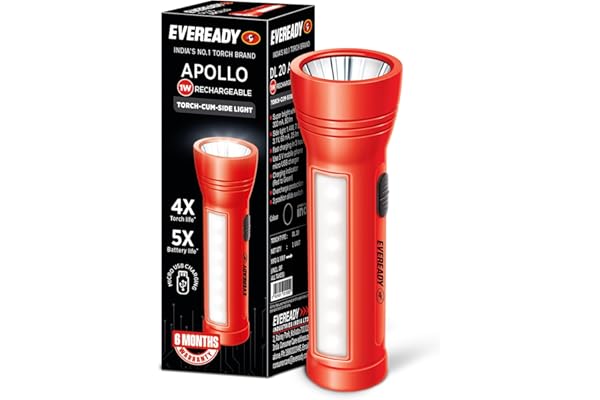 Eveready Apollo DL20, Rechargeable 1W Led Torch Cum 1.4W Emergency Sidelight/Face Light, Type-B/Micro USB Fast Charging, Overcharge & Deep Discharge Protection, Powered by Li-Ion Battery