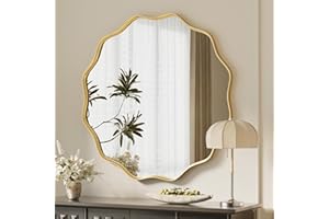 Koonmi Wavy Edge Large Round Mirror, 75cm Wall Mirror with Textured Round Metal Frame, be Hung or Placed against the Wall, suitable for Bathroom, Corridor, Entrance, Living Room, Gold