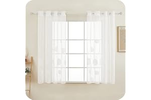 MRTREES Cortinas Bordadas Translucidas de Dormitorio 2 Piezas 140x145cm Visillos Cortos Hortensia Blancos con Ojales para Ventanas Salon Moderno Habitacion Juvenil Infantil Comedor Sala Cuarto Cocina