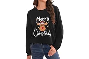 Terecey Sweatshirt Femme Imprimé Noël à Manches Longues Haut Décontracté avec Motif de Renne Merry Christmas Idée Cadeau Originale et Vêtement Confortable pour Hiver et Fête