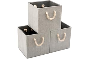 EZOWare Set of 3 Large Foldable Fabric Storage Cube Bins with Cotton Rope Handle, Collapsible Resistant Basket Organiser for Baby Kids Toy Nursery Closet and More – Gray 33 x 33 x33 cm