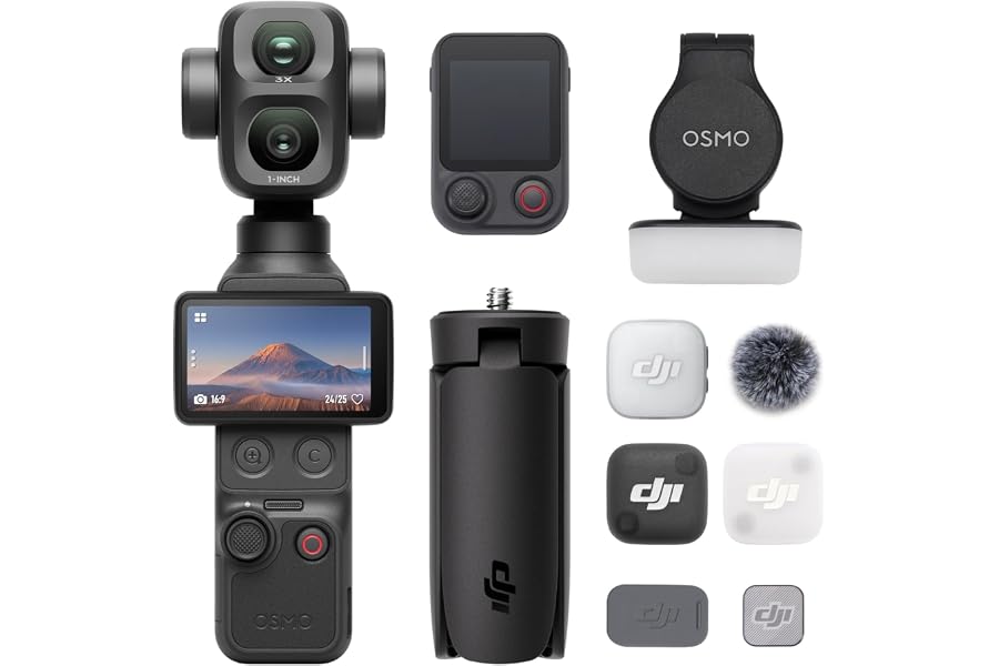 DJI Osmo Pocket 4P Vlog Combo, Vlog-Kamera mit Dual-Objektiv, kinoreifes 4K | 3× optischer Zoom, 4K/240 fps, 17 Blendenstufen Dynamikumfang, 103 GB integrierter Speicher, Fülllicht, Osmo FrameTap