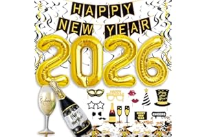 JONAMI Decoration Nouvel An 2026, Deco Fete Nouvelle Année, Bonne Année Bannière, 2026 Ballons Géants, Ballons Or et Noir, Tourbillon Suspendu, Ballons Champagne et Confettis