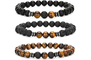 APMGONT 8 mm Perlenarmbänder Set, 3 pcs Perlenarmband Herren mit Schwarzen Lavastein, Naturstein Yoga Perlen Elastische Armbänder Verstellbares Herren Armbänder Set Geschenke für Männer