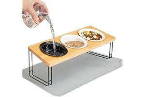 Ousiya Elevated Cat Bowls Cat Food Water Bowls with Natural Bamboo Stand, 3 Ceramic Dishes - 15°Tilted Design for Optimal Eating Posture, Vomiting Prevention, Easy Assembly, and Waterproof Mat