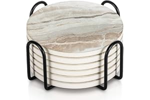 GRISHA Coasters Set of 6 - Homeware Marble Sandstone design Coasters Ceramic - Coasters with Holder and Cork Base,Home accessories,Coaster(Drinks) cup and Table decor,10cm 4inch