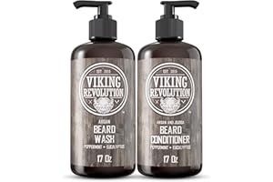 VIKING REVOLUTION Beard Wash & Beard Conditioner Set w/Argan & Jojoba Oils – Softens, Smooths & Strengthens Beard Growth - Natural Peppermint and Eucalyptus Scent - Beard Shampoo w/Beard Oil (17 oz)