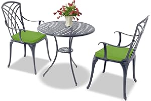 Homeology OSHOWA Grey Aluminium Weatherproof Outdoor Table and 2 Comfortable Chairs with Armrests Bistro Set with Green Cushions