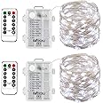 BXROIU 2 x Fairy String Lights Battery Operated, Silver Wire 8 Mode Chains 5 Meters 50 LEDs Timer String Lights with Remote Control for Bedroom Christmas Party Wedding Decoration (Cool White)