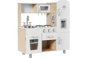 COSTWAY Cucina Giocattolo per Bambini, Cucina per Bambini in Legno con Frigorifero, Distributore d'Acqua, Forno, Microonde, Lavello e Rubinetto, Funzione Suoni, per 3+ Anni