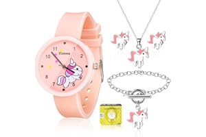 Herdear Kids Watches with Jewelry Set, Pink Cute Cartoon Wrist Watches Necklace Bracelet Earrings for Children Girls Birthday Gift