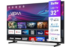TuTu Smart TV 32 Pulgadas LED HD Televisión con WiFi, App Store, Sintonizador Digital, Prime Video, Netflix, Youtube, DAZN, Disney+, Pluto TV, Apoyado por VIDAA (TUV32HQ1B, 2024)