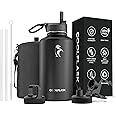 64 oz Water Bottle Insulated with Straw & 3 Lids, Coolflask Large Metal Stainless Steel Water Jug Big Half Gallon Wide Mouth for Sports, Gym or Office, BPA-Free Keep Cold 48H Hot 24H, Magic Black