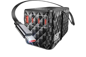 LENCENT 85W Adaptador Enchufe Universal con Cable USB C Escalable, Adaptador Internacional con 1 TIpo-A & 3 TIpo-C Carga Rápida, Cargador Enchufe con Cable Integrado USB C para EE.UU./UK/EU/AUS, Negro