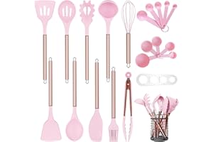 Arquiel Ensemble D'Ustensiles De Cuisine, 22 Kit Ustensiles De Cuisine En Silicone Pour Set D'Accessoires De Cuisine, Spatules RéSistantes à La Chaleur, Support En Acier Inoxydable De Cuisine (Rose)