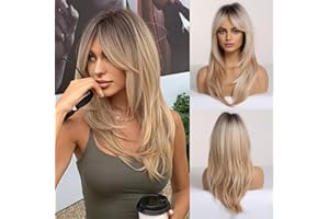 Kellynee Ombre Blonde Wig with Bangs - Long Straight Layered Blonde Wigs for Women, Dark Roots Synthetic Heat Resistant Hair, Best Natural Wigs for Daily/Halloween/Party/Cosplay