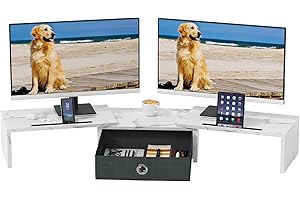 OYRREU Supporto Monitor Scrivania, Supporto 2 Monitor Rialzo Monitor da Scrivania, Supporto per Monitor con Cassetto, Supporto Schermo PC Laptop Computer Monitor Stand Accessori Scrivania