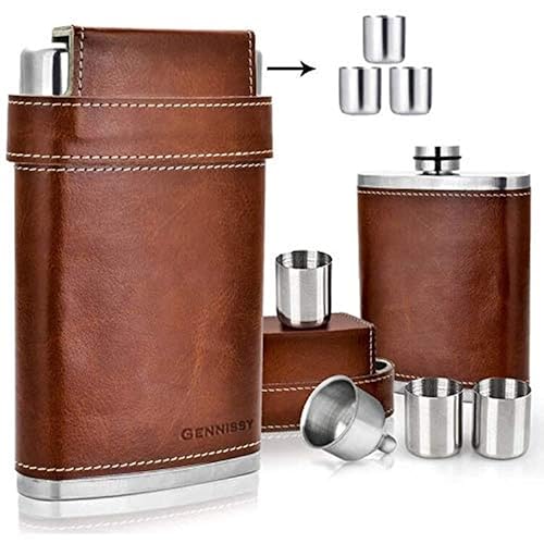 GENNISSY Flachmann 240 ml, Leder, 3 Becher & Trichter