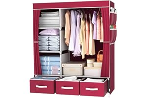 LOEFME Canvas Wardrobe with 3 Storage Boxes, 105 * 45 * 165cm Size Fabric Wardrobes for Bedroom, Portable Wardrobe Shelves, Folding Wardrobe, 16mm Pipe Diameter Closet Burgundy