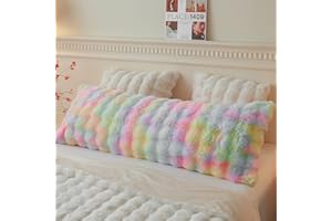 LIFEREVO Fluffy Faux Rabbit Fur Long Bolster Pillowcase, Soft Cozy Tie Dye Body Pillow Cover with Zipper, Plush Furry Waffle Bubble Bed Pillowcase for Pregnancy Women Side Sleeper, 4.6ft, Rainbow