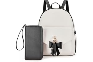 ECOSUSI Womens PU Leather Backpack, Elegant Ladies Rucksack Girls Casual Backpack for School Travel College, Water-resistant Fashion Daypack with Purse, 2 Pcs, Black+ Beige