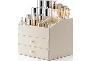 Vlando Make up Organizer mit 3 Schubladen, Schminktisch Organizer, Kosmetik Organizer, Schmink Organizer für Badezimmer, Dresser Skincare, Beige