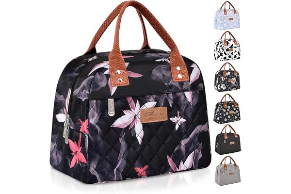 HOMESPON Sac Isotherme Repas Lunch Bag Portable Sac à Déjeuner Waterproof avec Feuille d'Aluminium Isolée Sac à Main Fordable pour Femme, Homme, École et Bureau(Les fleurs roses)