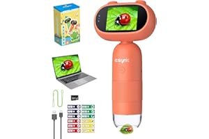 eSynic Microscopio Digital para Niños con Pantalla HD 2.0" - Microscopio Portátil con Aumento 500-1000X y 8 Luces LED - Incluye 32GB y 12 Portaobjetos para Aprender y Ciencia