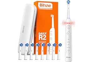 Bitvae R2 Brosse À Dents Électrique Rotative Pour Adultes Avec 8 Têtes De Brosse, Étui De Voyage, 5 Modes, Rechargeable Avec Capteur De Pression, Durée de vie jusqu'à 30 jours, Blanc
