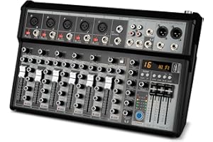 Depusheng Professioneller Audiomixer, 4-Kanal-Audio-Interface-Soundboard-Mischpultsystem, 16-Bit-DSP-DJ-Bluetooth-Mixer + 48-V-Phantomeffekt für Karaoke-Studio-Streaming-Aufnahmen (XT7 EU)