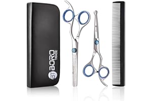 BORO TRADE Professional Dog Grooming Scissors Kit Dog Scissors Set with Safety Round Tip, Curved Pet Cat Hair Cutting Trimming Grooming Shears, Also Include Thinning Scissor(Stainless Steel)(6 Inches)(2 Pieces)