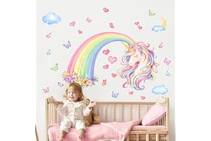 Supzone Large Rainbow Wall Stickers Unicorn Rainbow Butterfly Hearts Wall Art Decals for Girls Nursery Kids Bedroom Living Room Classroom