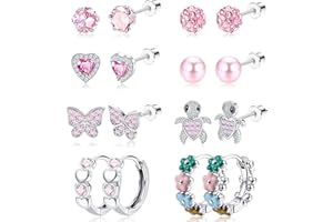 ADRAMATA 8 Paia Kids Orecchini per Bambini Ragazze, Acciaio Inossidabile 316L Orecchini Bambina Pinker Cuore CZ, Orecchini Bambina Anallergici, Farfalla Fiore Carino Orecchini Set, 20G