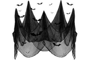 SHIYOUO Tela Espeluznante de Halloween, Decoración de Halloween 500 x 215 cm Telarañas y 12 Piezas Murciélagos Falsos 3D, Fiesta de Halloween Casa Encantada Decoración de Accesorios de Miedo