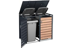 AURAHOME DWD Garden Double Wheelie Bin Hideaway 120L,240L Waste Bin,Storage Shed w/ Locking Doors Assisted lift up Lid easy use Outdoor Hygienic Dustbin Unit Cover Powdercoated Steel Matt Grey with Oak Doors