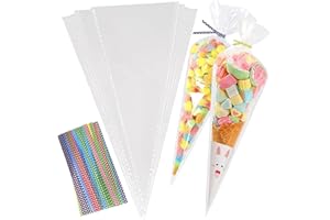 XMBYGEY Lot de 100 sachets de cônes avec 100 attaches colorées,sachet pour bonbon, sac triangulaire pour bonbons, biscuits, pâtisseries(16 x 30 cm)