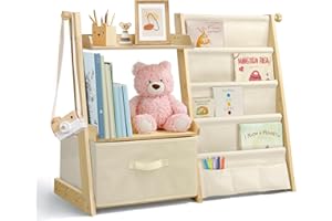 wooshwa Libreria Montessoriana per Bambini Bambina, Scaffale per Giocattoli, Legno Massiccio Montessori Scaffale Libreria 85 * 69.5 * 34.5cm - Beige